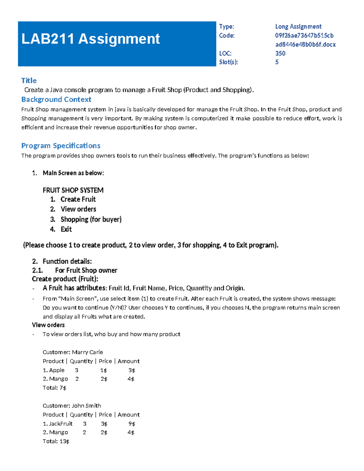 LAB211 Long Assignment: Java Fruit Shop Management System - Studocu