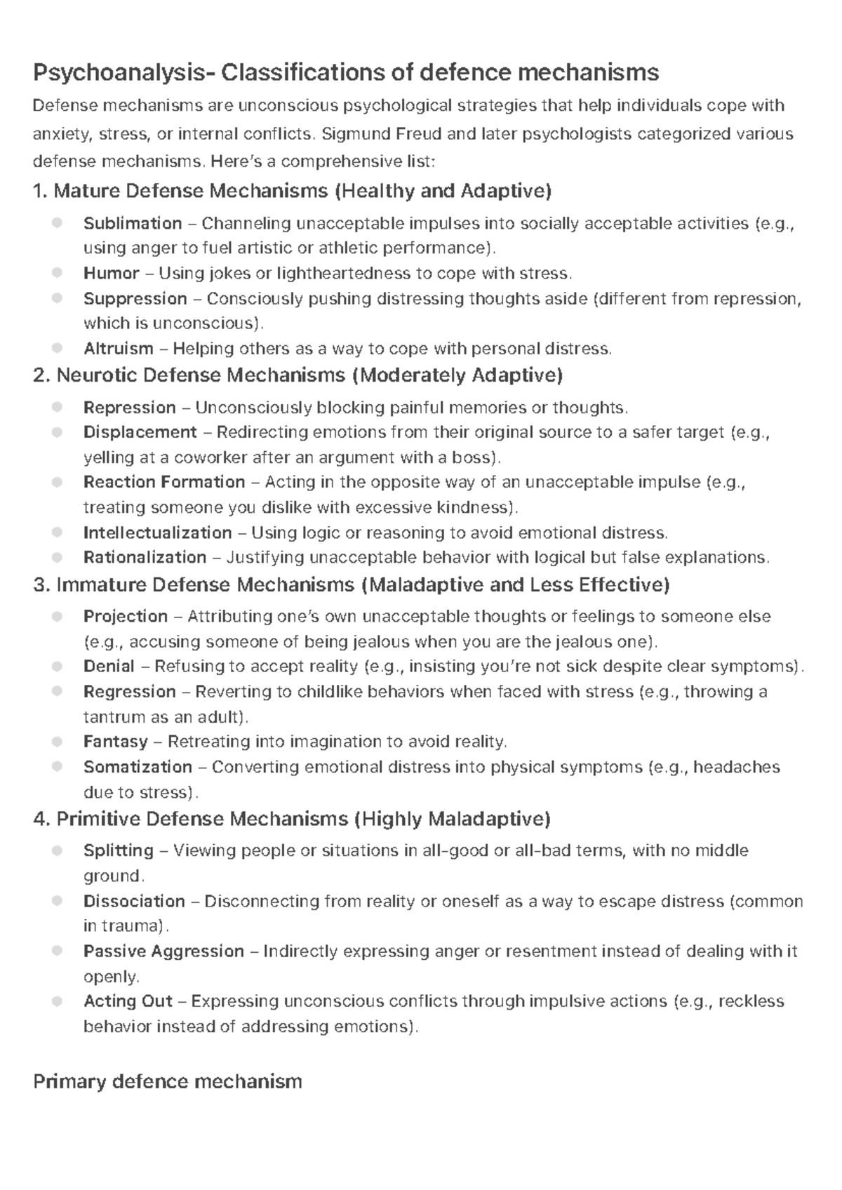 Psychoanalysis: Classifications of Defense Mechanisms Explained - Studocu