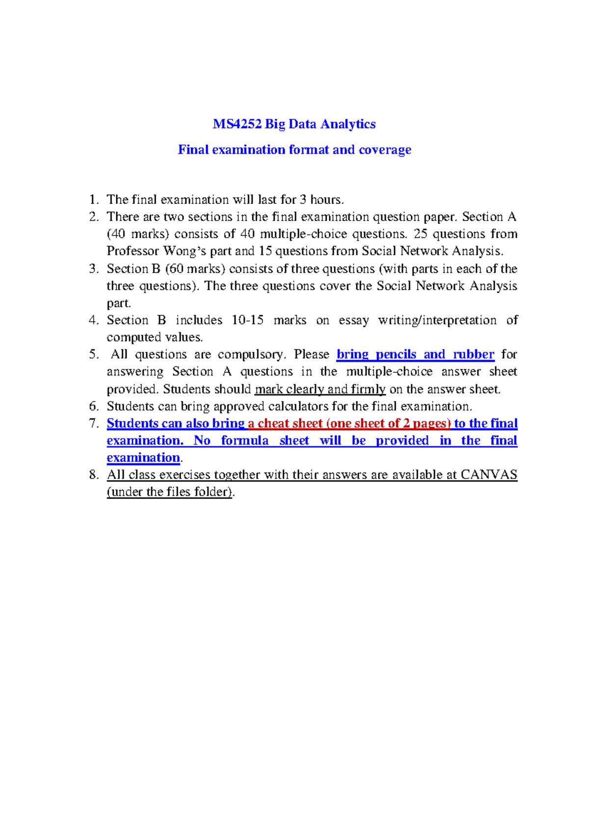 MS4252 Final Exam Format & Coverage for Big Data Analytics - Studocu