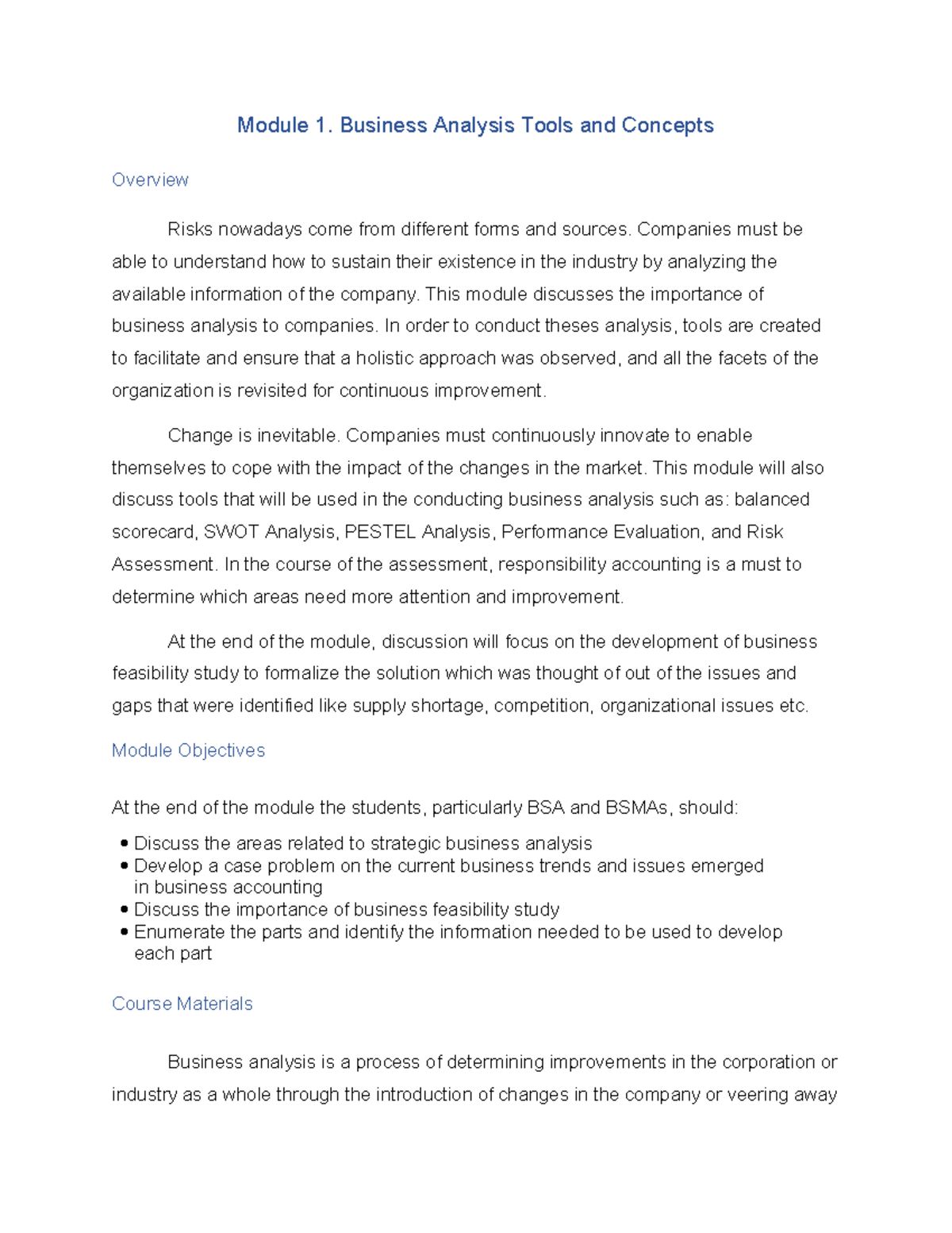 Module 1: Business Analysis Tools & Frameworks for BSA/BSMA - Studocu
