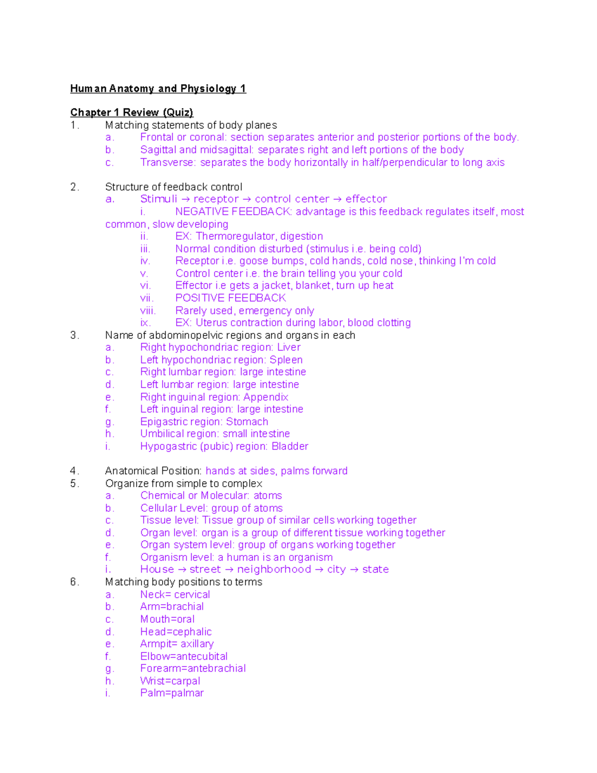 A&P1 Quiz Review - Chapter 1 Anatomy & Physiology Summary - Studocu