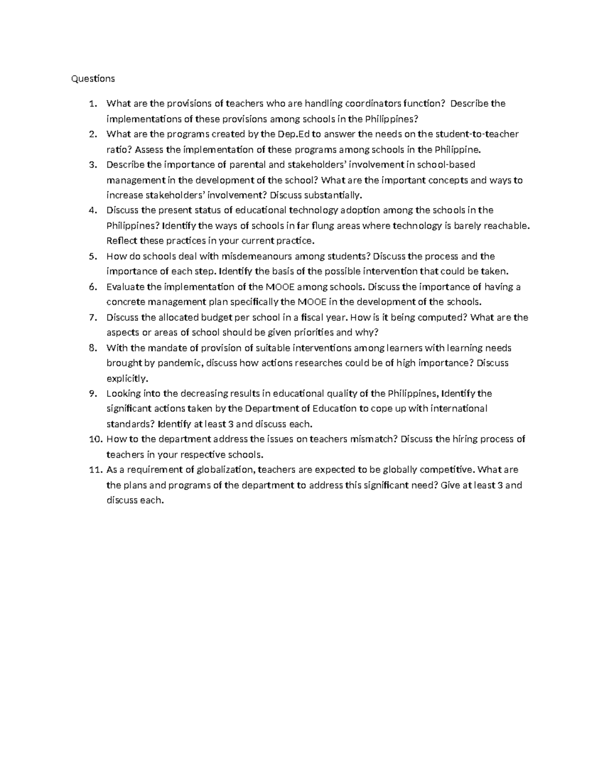 Sample questions for Current Issues in Education = - Questions 1. What ...