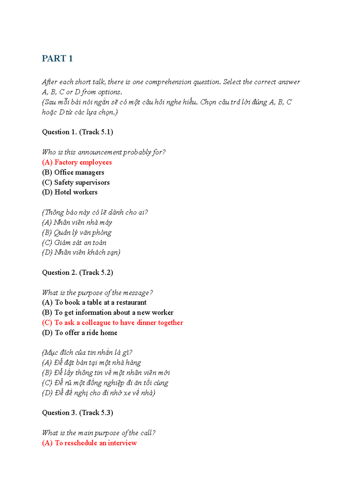 Listening Comprehension Questions - Answer Key (Track 5) - Studocu