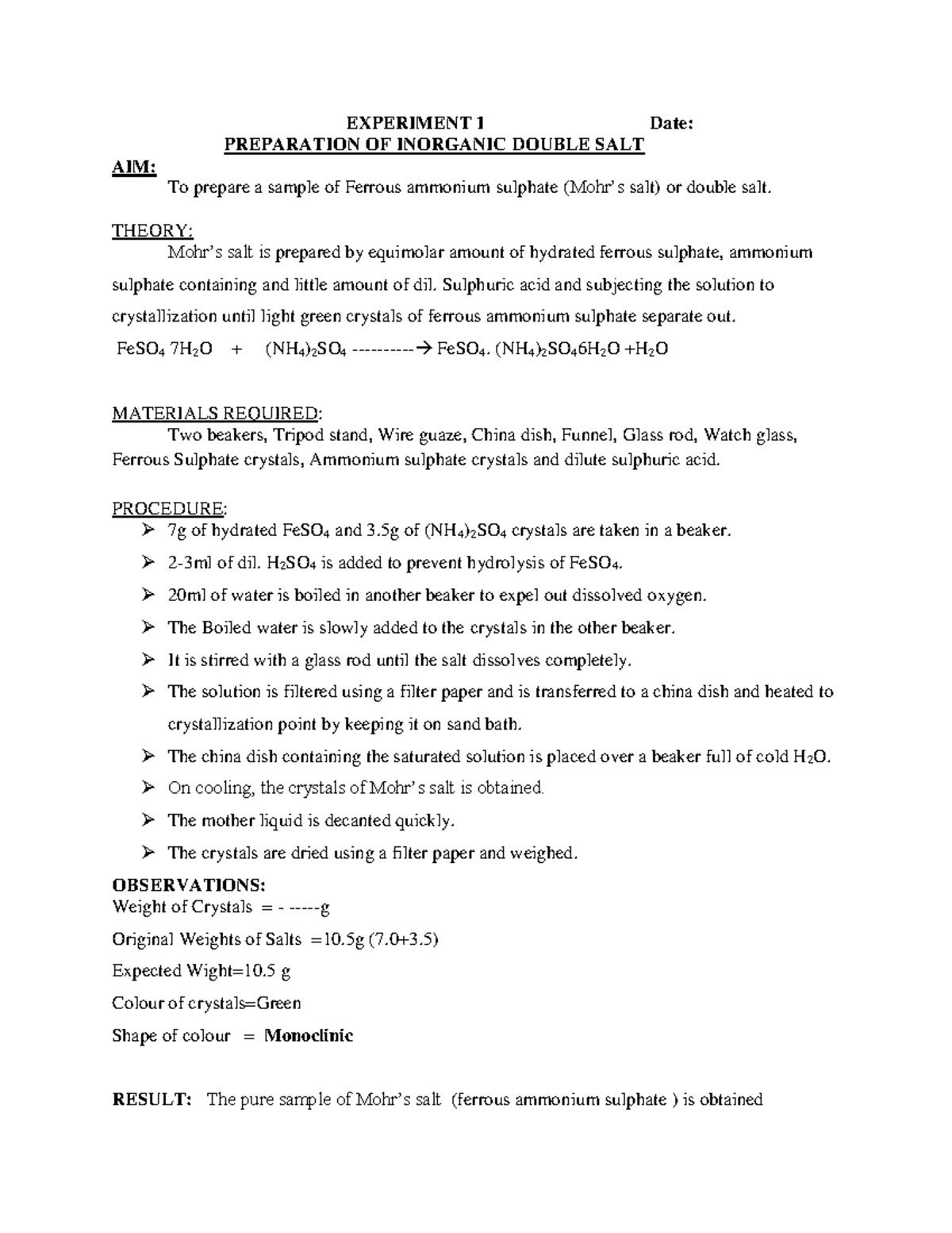 Preparation of Inorganic Double Salts and Colloidal Solutions - CHEM ...