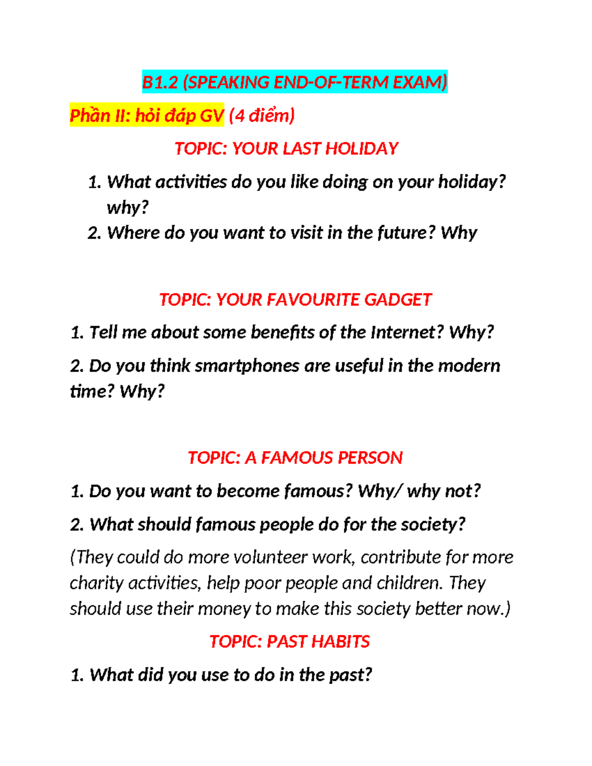 B1 Speaking End-of-Term Exam: Questions & Topics (Part 2) - Studocu