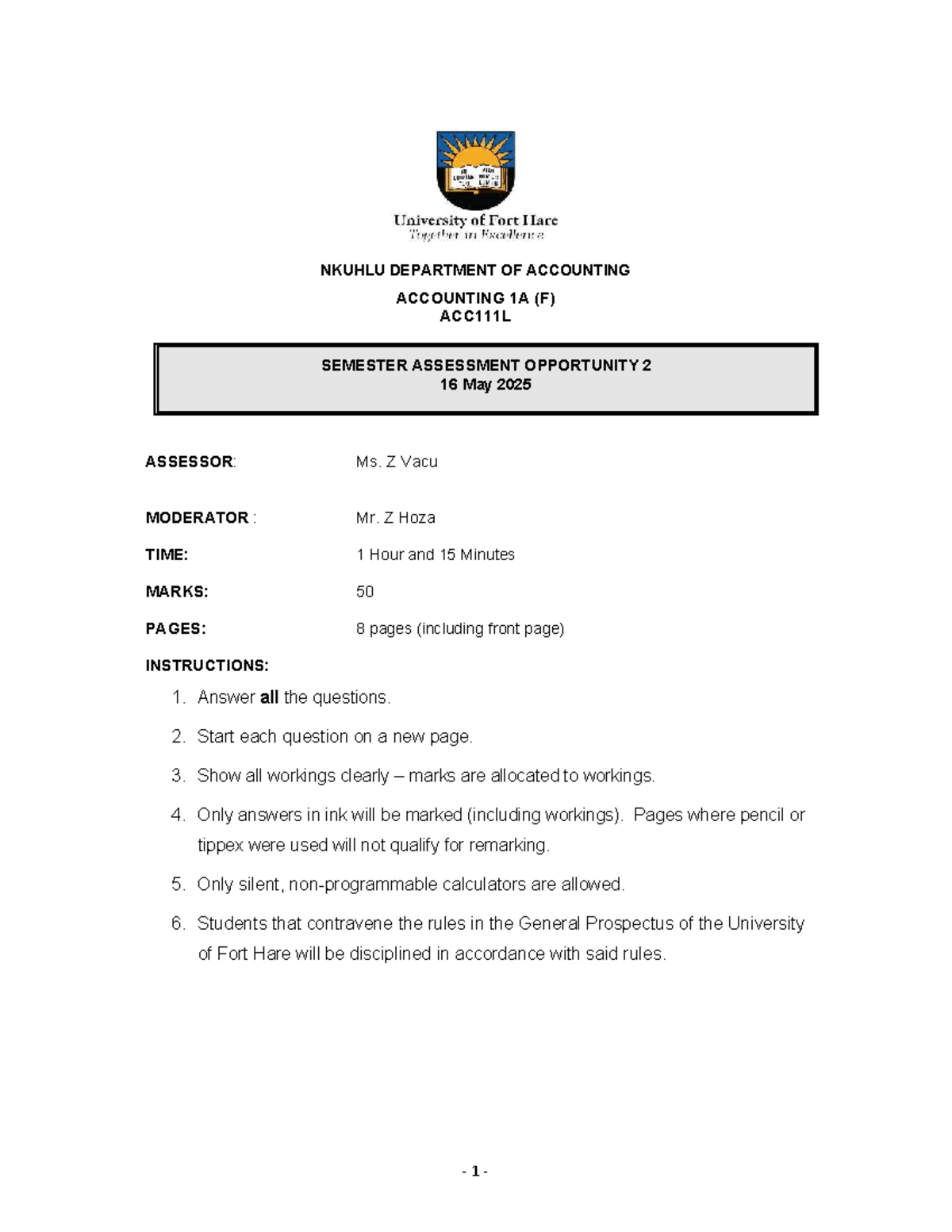2025 ACC111L Accounting 1A Semester Assessment Opportunity 2 - Studocu