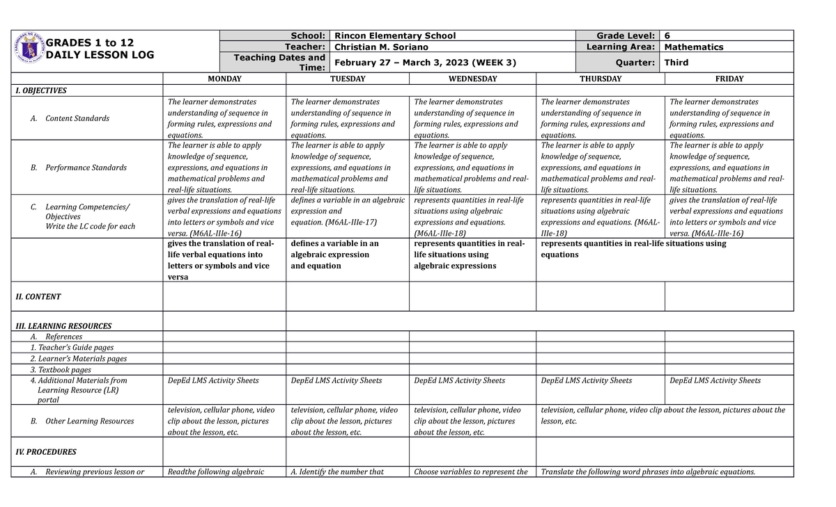 DLL Mathematics 6 Q3 W3 - Daily Lesson Log Insights - Studocu