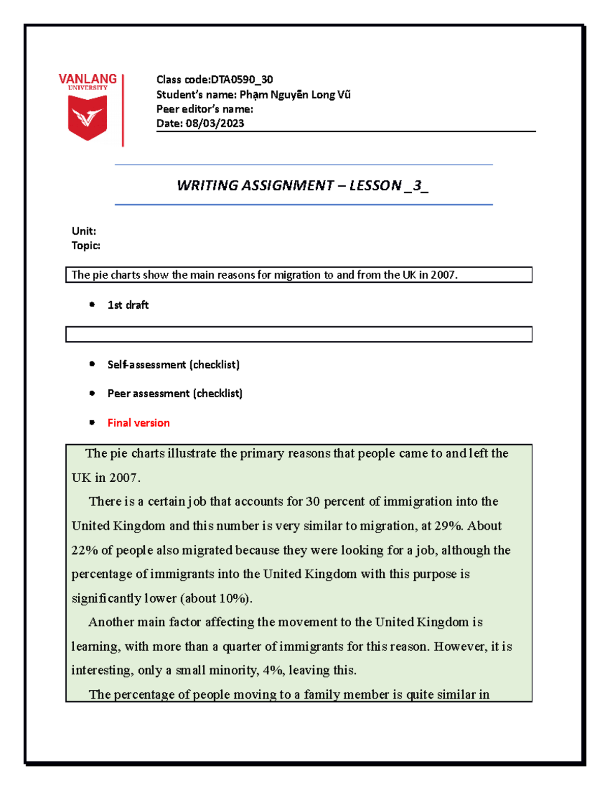 Template Writing assignment - Class code:DTA0590_ Student’s name: Ph m ...