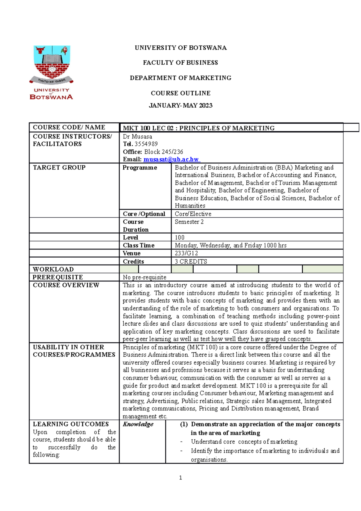 MKT 100 Principles of Marketing Course Outline for Jan-May 2023 - Studocu