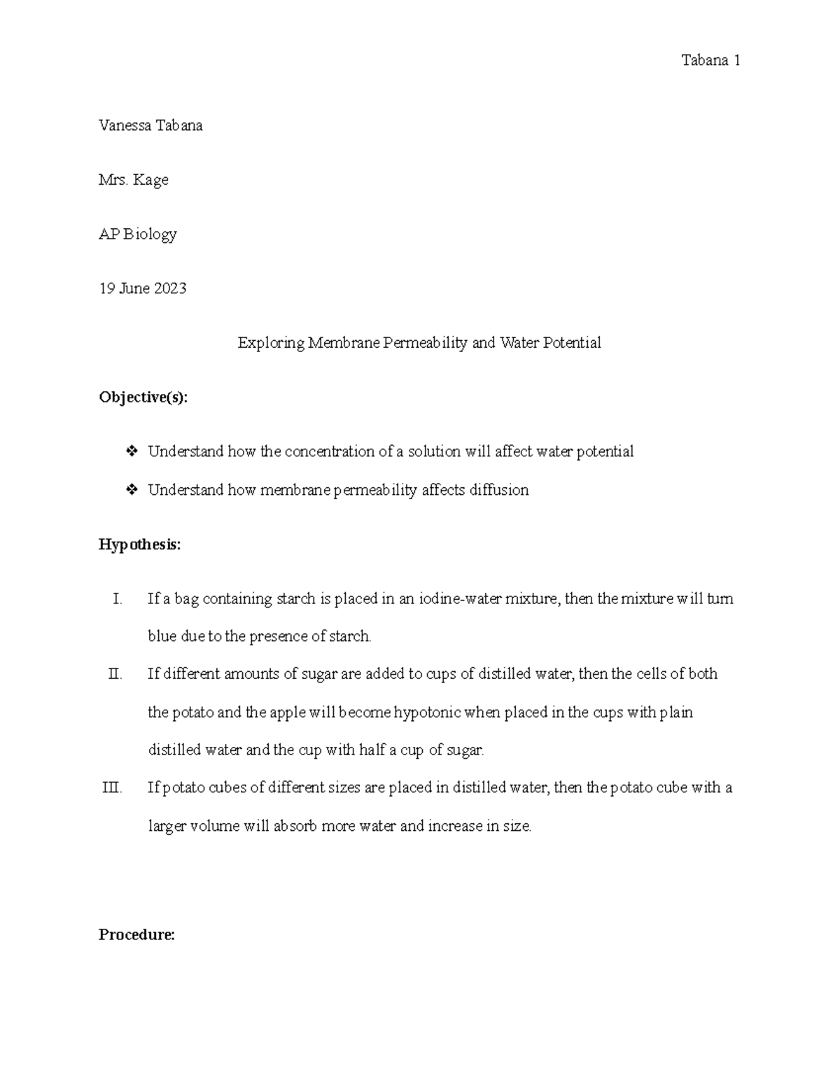 AP Biology 2.06 Lab Report: Membrane Permeability & Water Potential ...