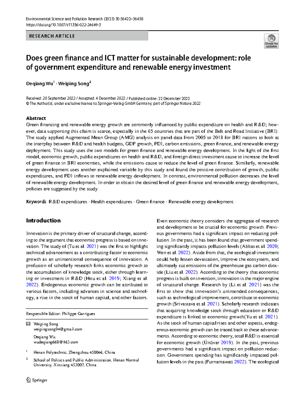 S11356 022 24649 3 - Green Finance & ICT for Sustainable Development ...