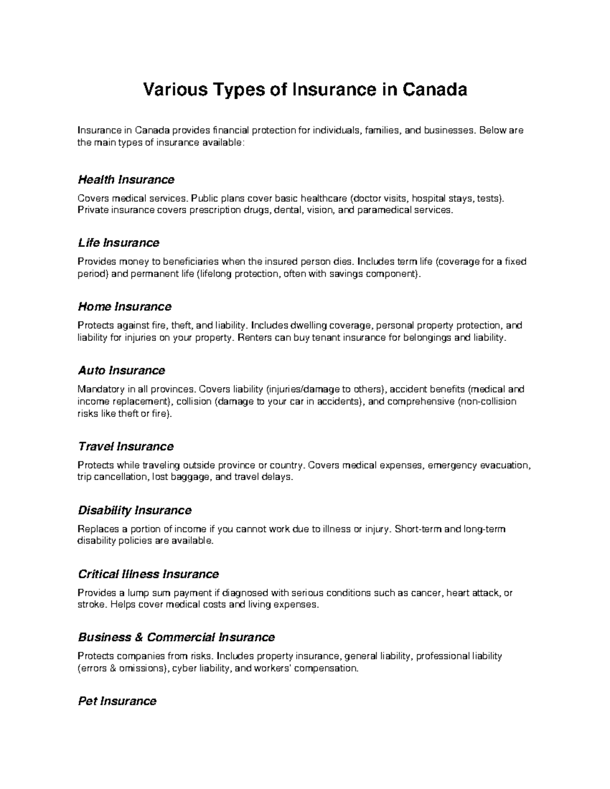 Types of Insurance in Canada: A Comprehensive Overview - Studocu