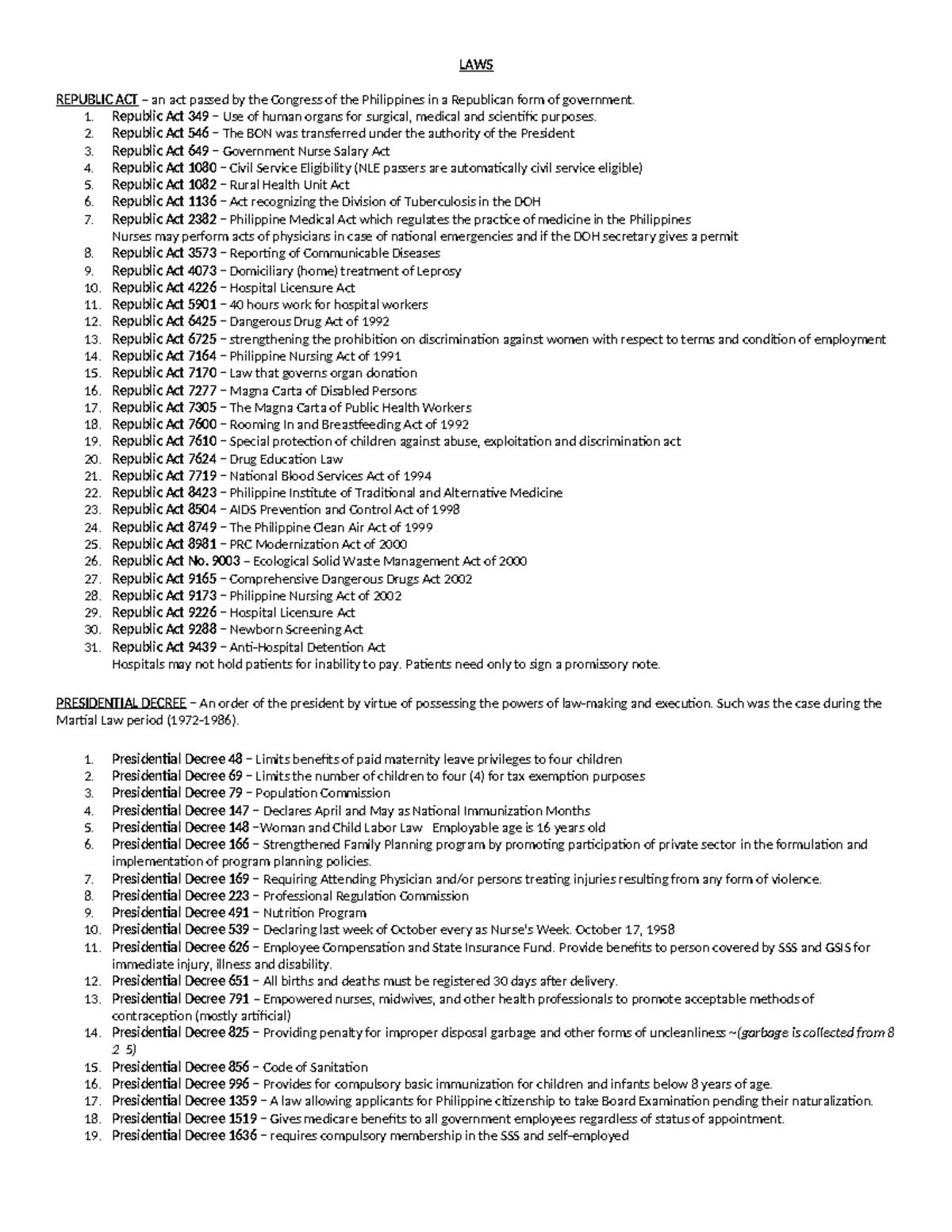 LAWS - Overview of Republic Acts and Presidential Decrees in the ...