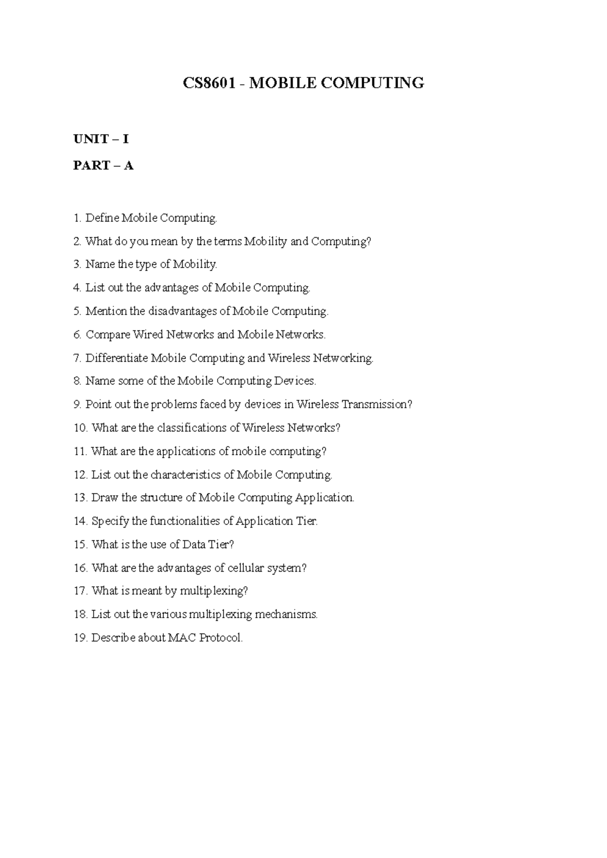 CS8601 Mobile Computing: Comprehensive Study Guide for Units I-V - Studocu