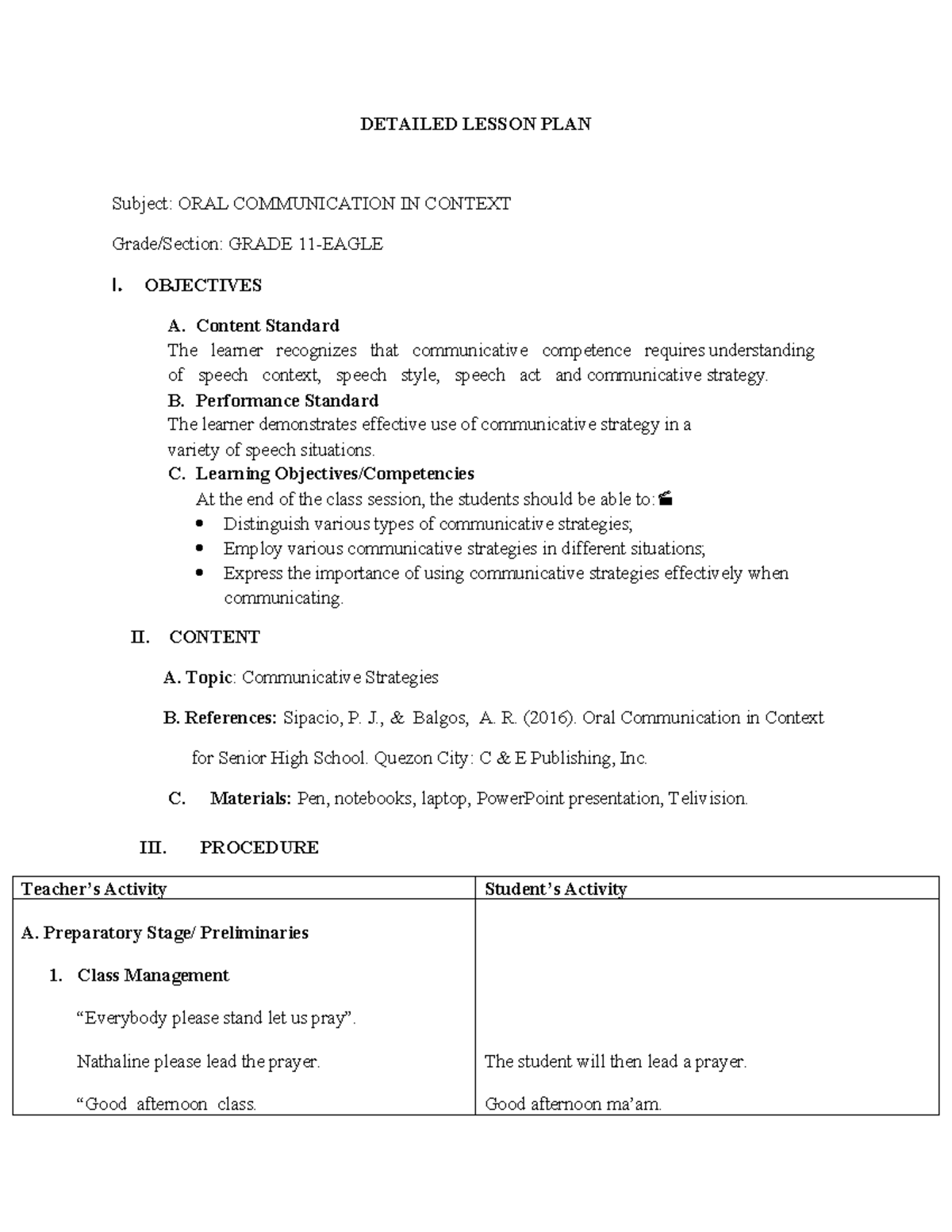 Detailed Lesson Plan in Oral Communication (Grade 11-Eagle) - Studocu