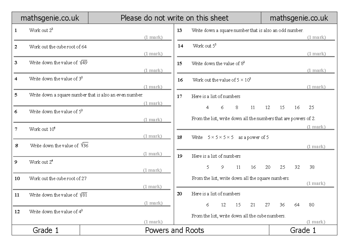 Powers and Roots Worksheet - Maths Genie's Grade 1 Guide - Studocu