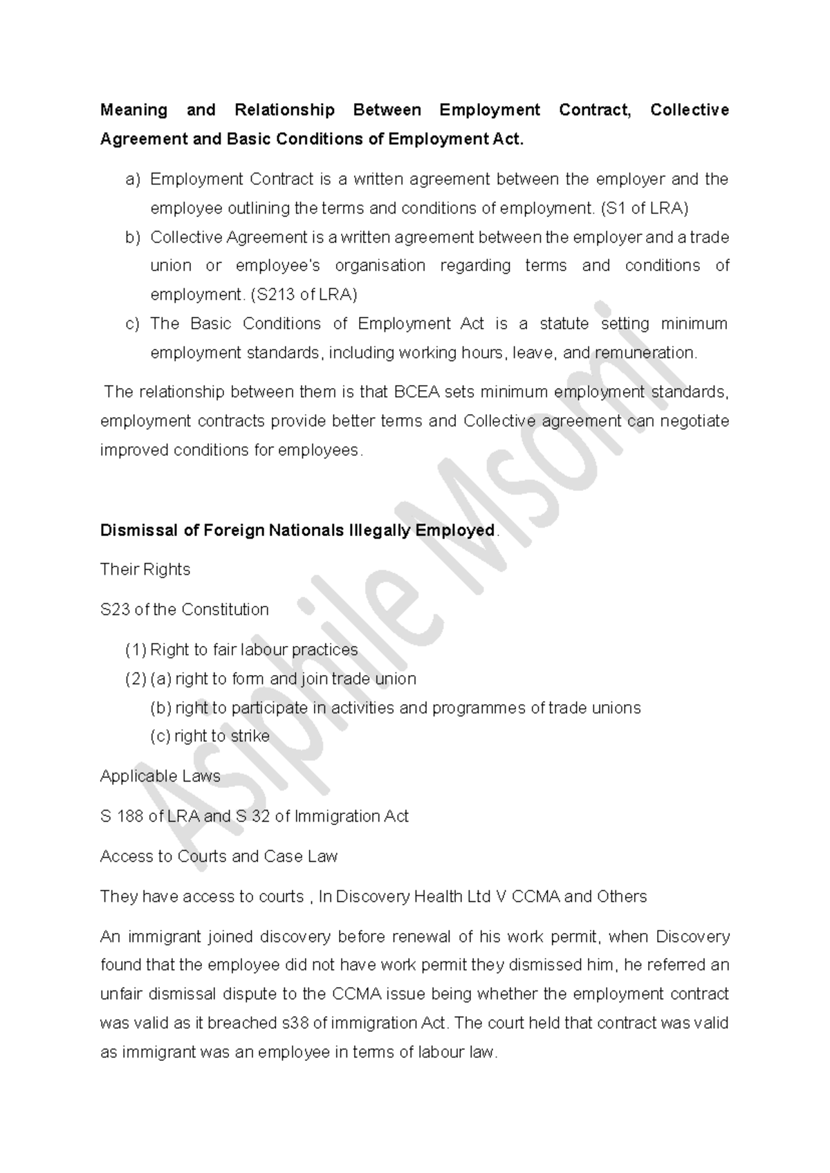 Labour Law Notes - JUNE EXAM PREP: Employment Contracts & Dismissal ...