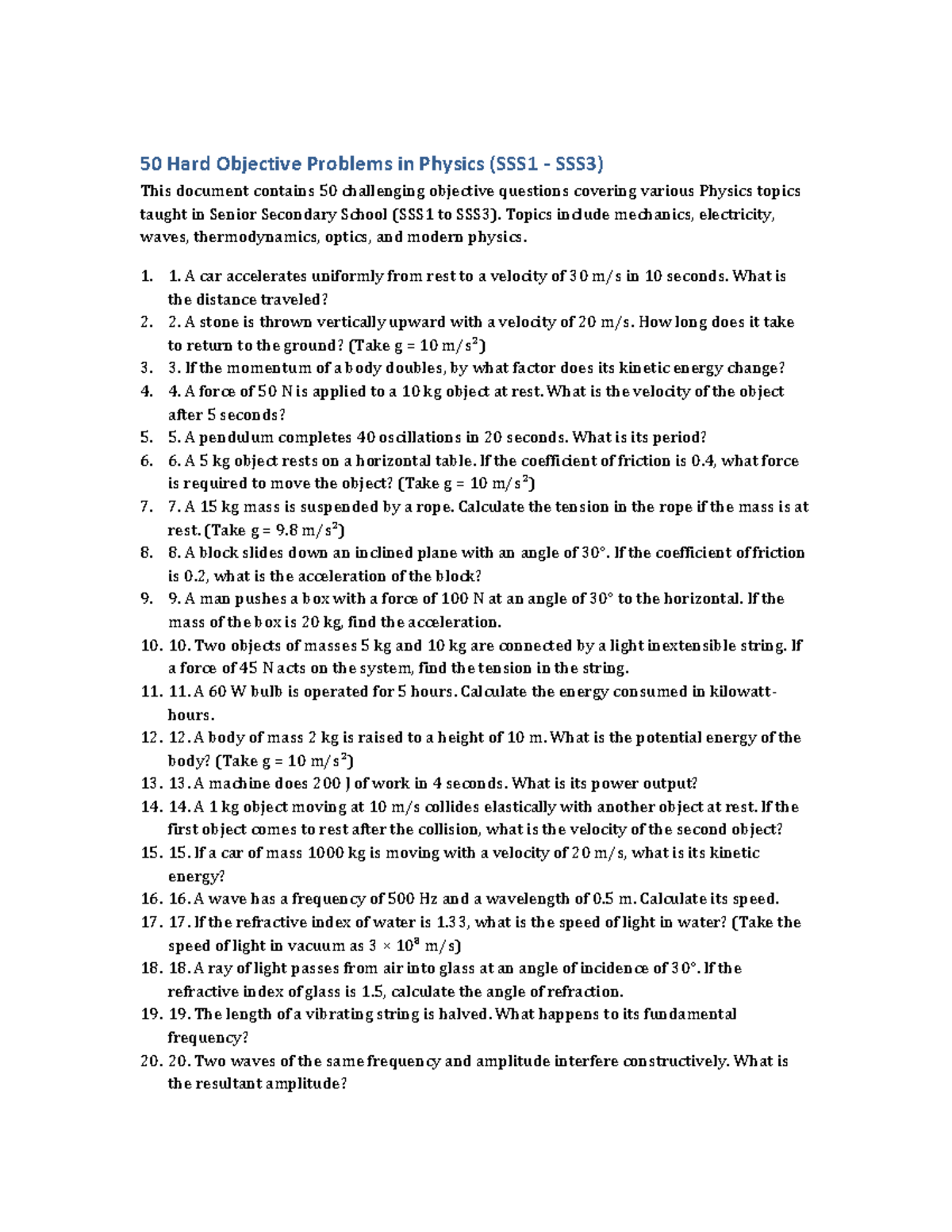 50 Challenging Objective Physics Problems (SSS1-SSS3) - Studocu