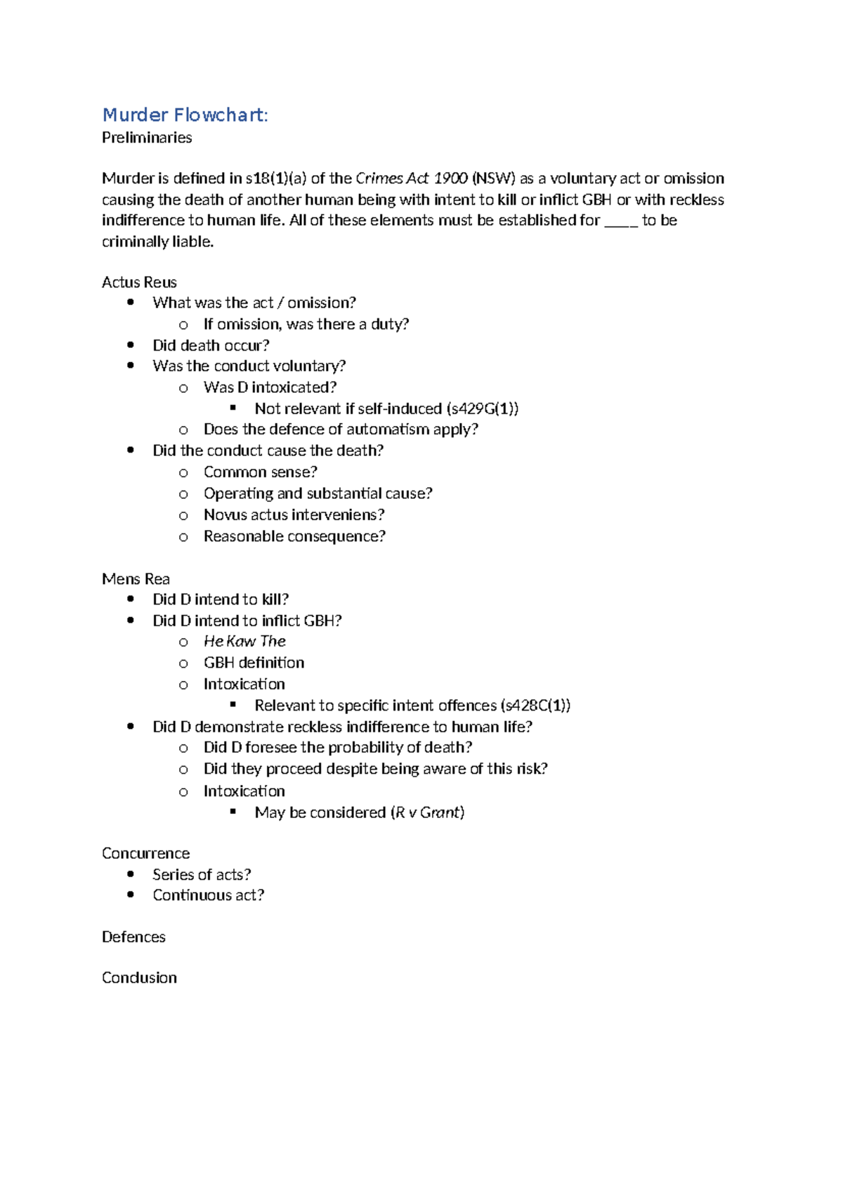 LAWS1206 - Flowcharts of Key Offences: Murder, Manslaughter & Assault ...