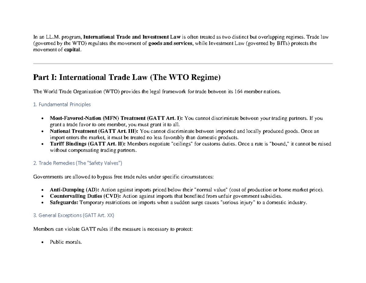 LL.M. International Trade and Investment Law Overview - Studocu