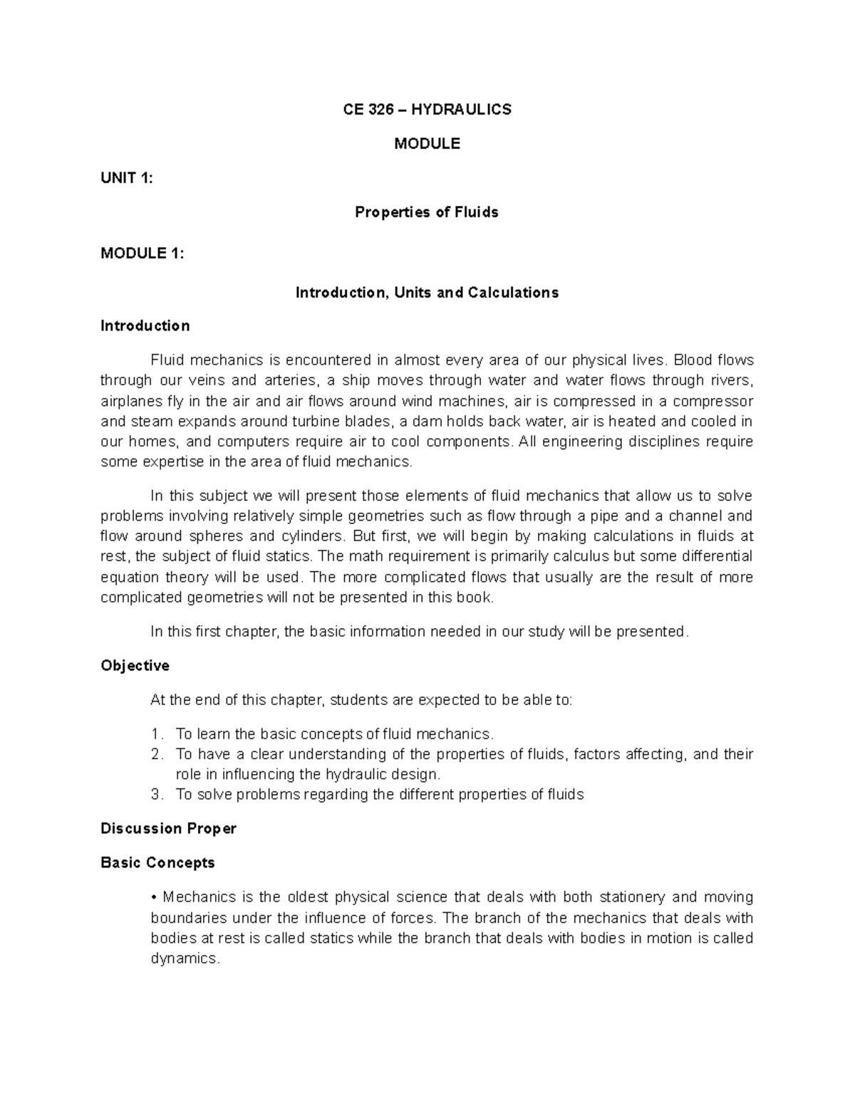 CE 326 Fluid Mechanics: Properties and Behavior of Fluids - Studocu