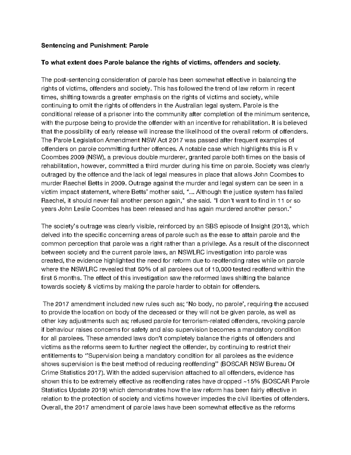 Parole Essay - Grade: 13/15 - Sentencing and Punishment: Parole To what ...