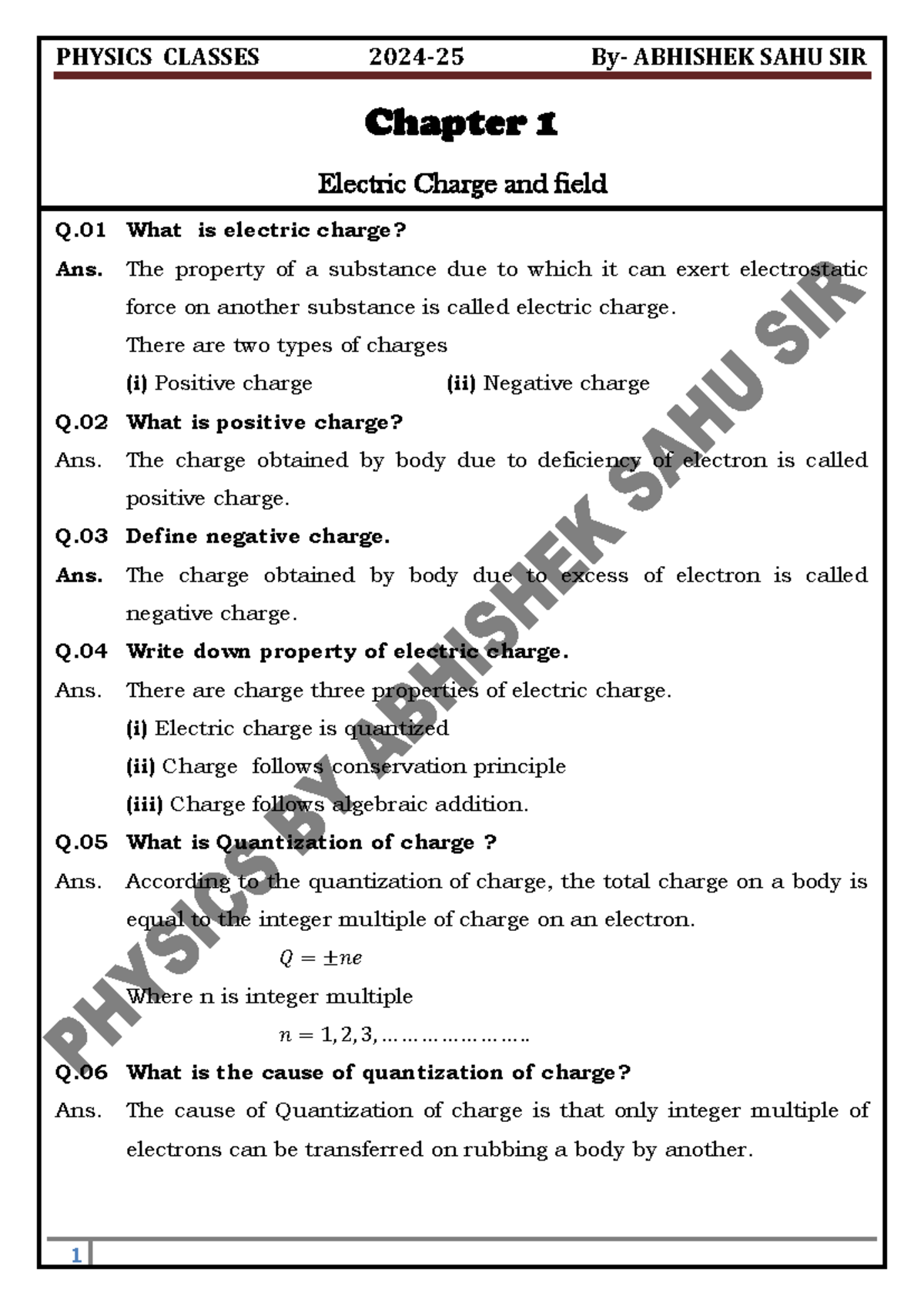 PHYSICS 101 Final Exam Notes: Chapter 1 - Electric Charge & Field - Studocu