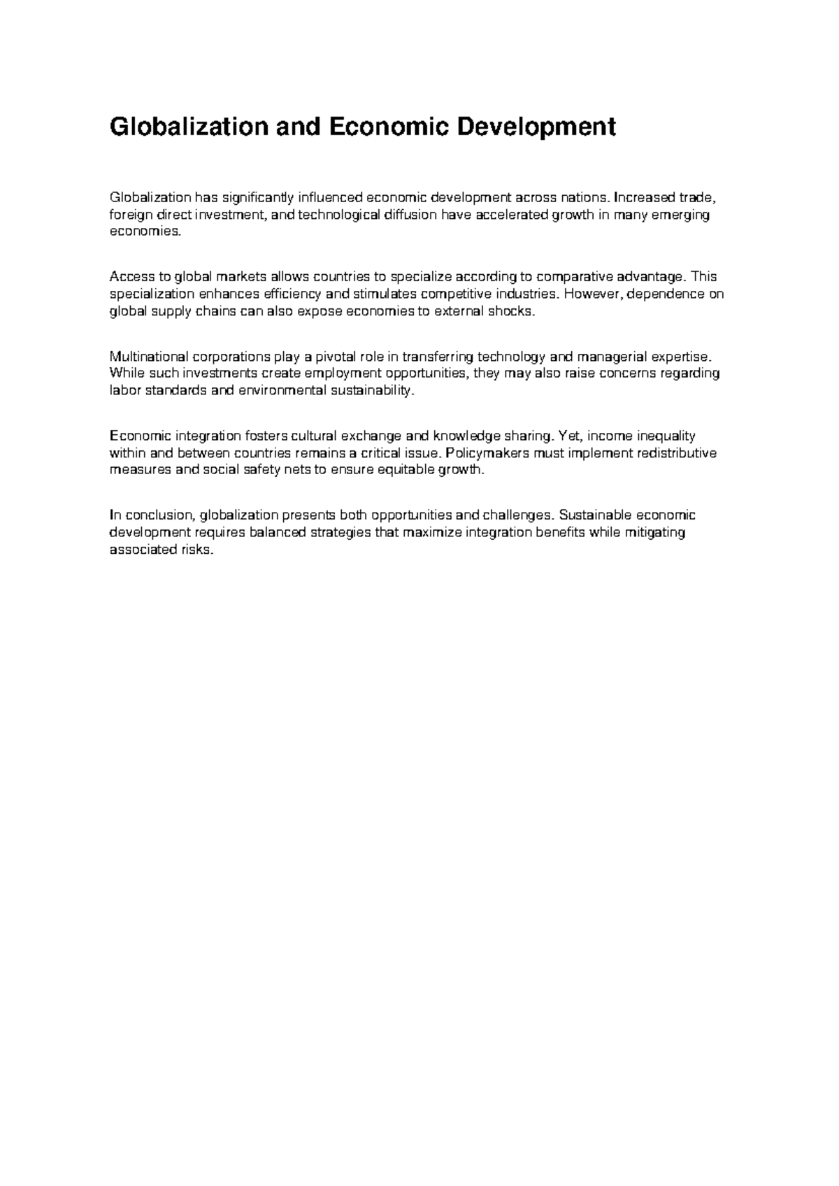 Globalization and Economic Development: Opportunities and Challenges ...