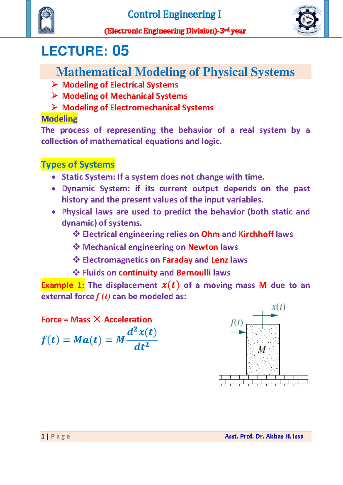 Control Engineering I (Electronic Engineering) LECTURE 05: Mathematical ...