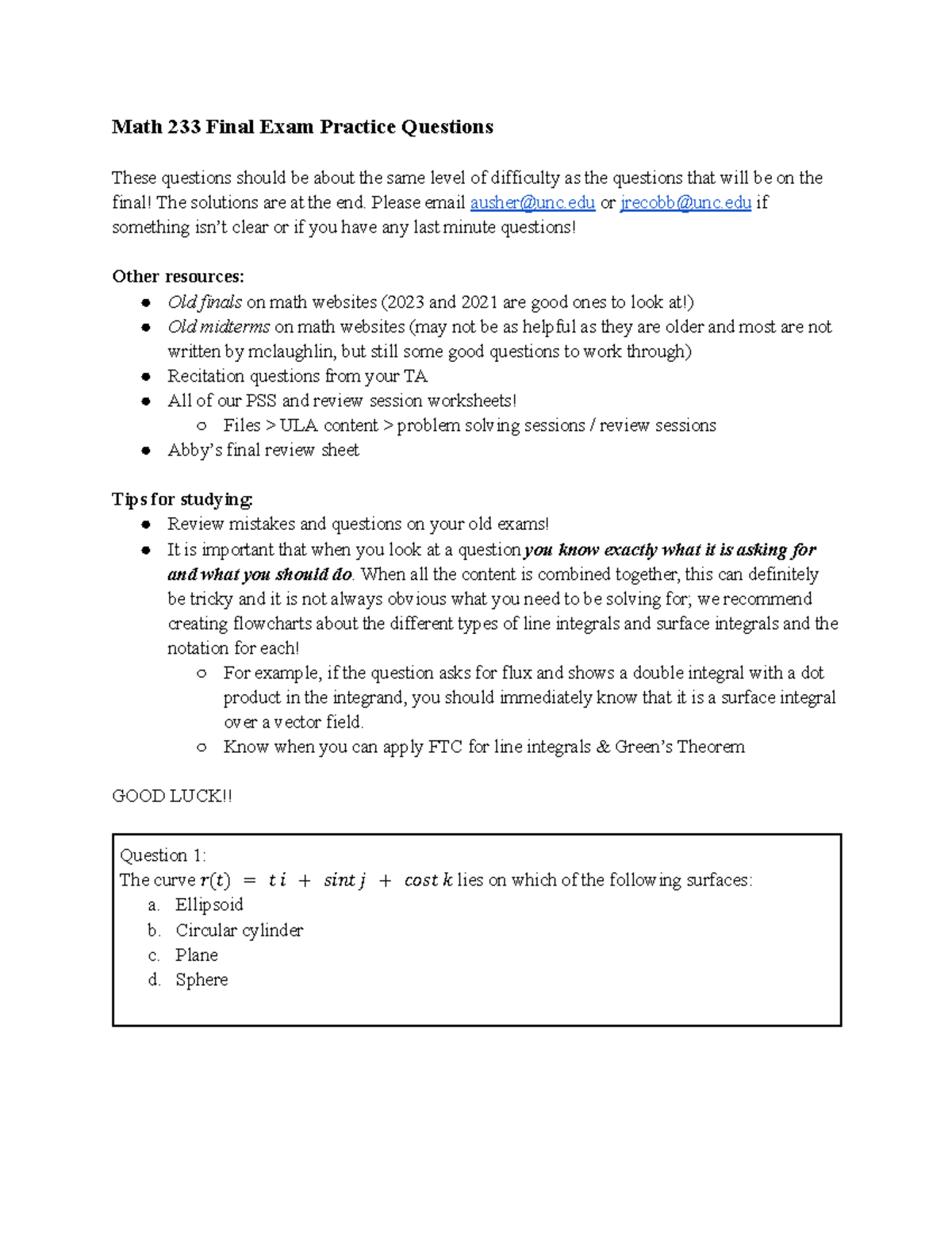 Calc 3 Math 233 Final Exam Extra Practice Questions - Studocu