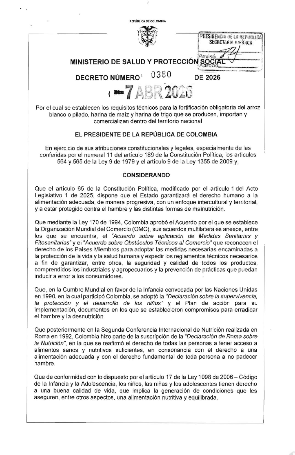 Decreto No. 0380 de 2026: Requisitos Técnicos para Fortificación de ...