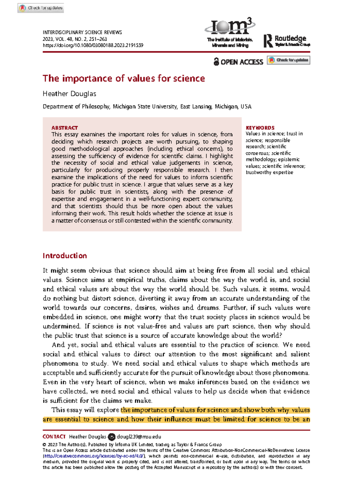 Douglas 2023: The Role of Values in Scientific Practice - Studocu