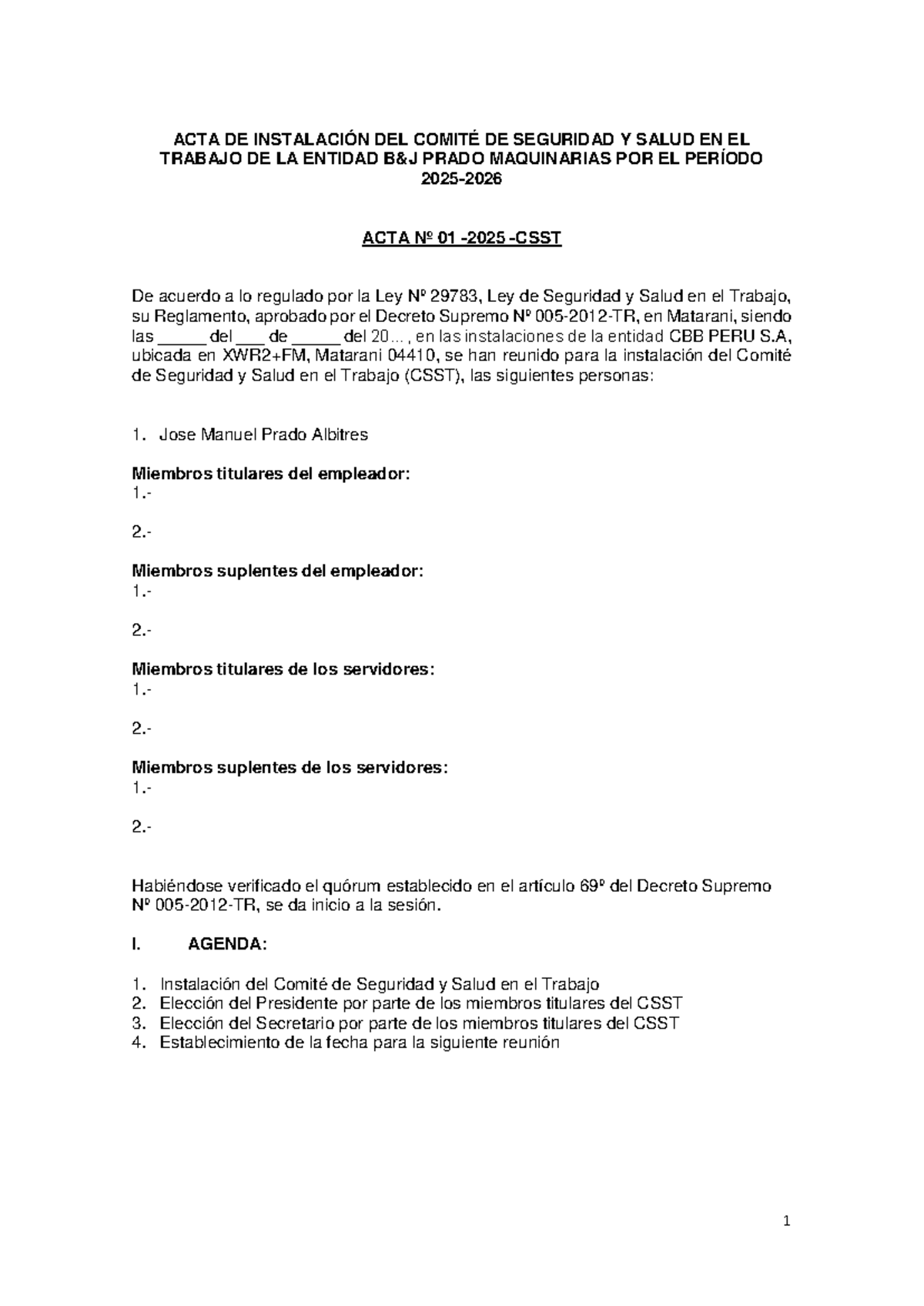 Acta Nº 01: Instalación del Comité de Seguridad y Salud en el Trabajo ...
