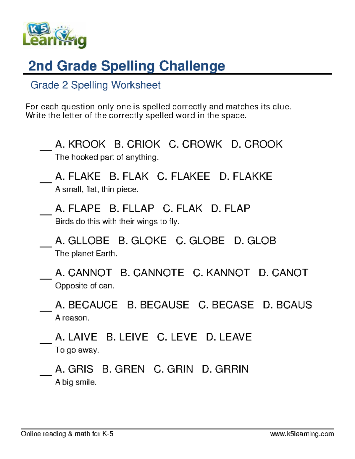 Grade 2 spelling challenge 2 - Online reading & math for K-5 k5learning ...