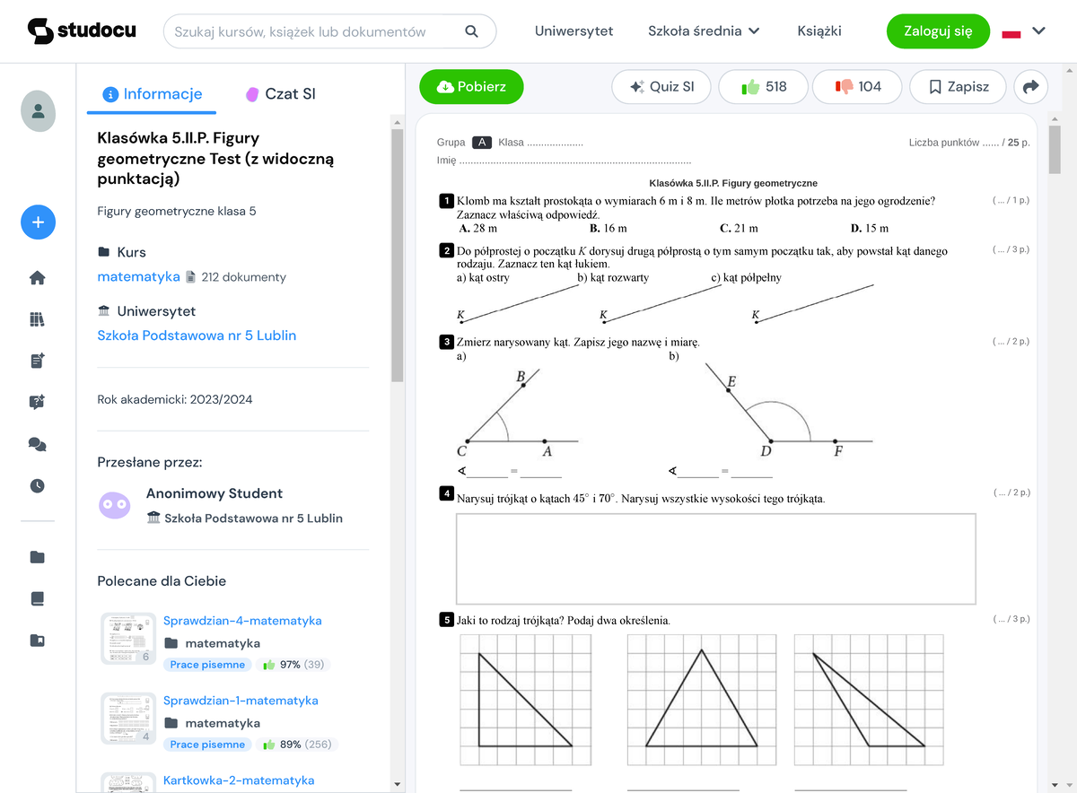 Klasowka Z Katow Klasa 5 Klasówka 5.II.P. Figury geometryczne - Test z Widoczną Punktacją Grupa