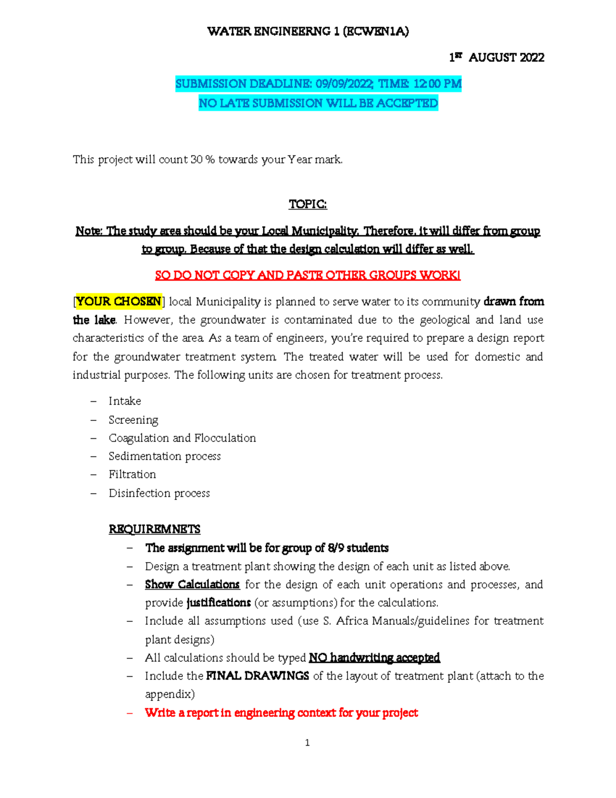 Project - Please add survey notes, exercises and reports. - 1 WATER ...
