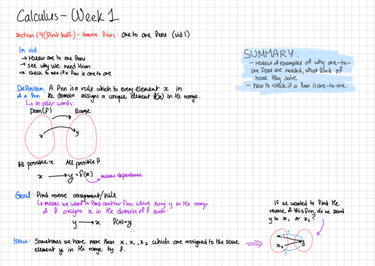 Calc 101: Week 1 Lecture Notes on One-to-One Functions - Studocu