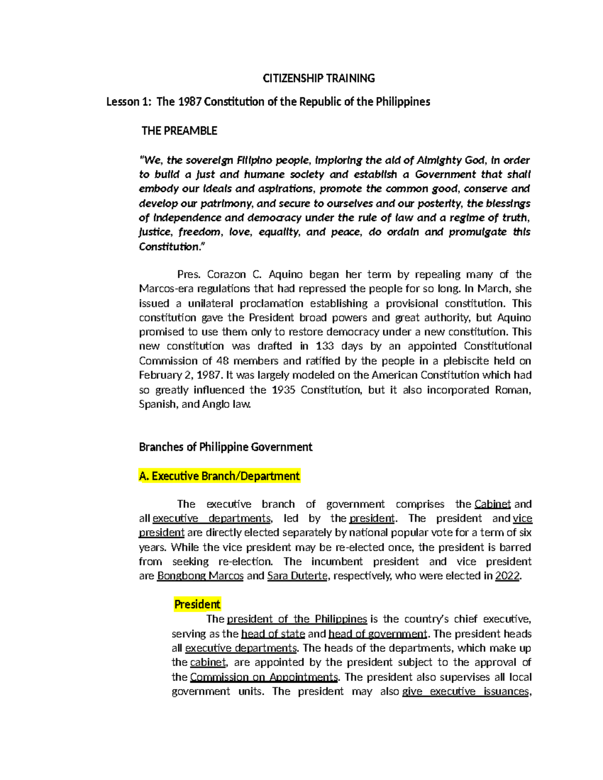 Citizenship Training Lesson 1: Understanding the 1987 Philippine ...