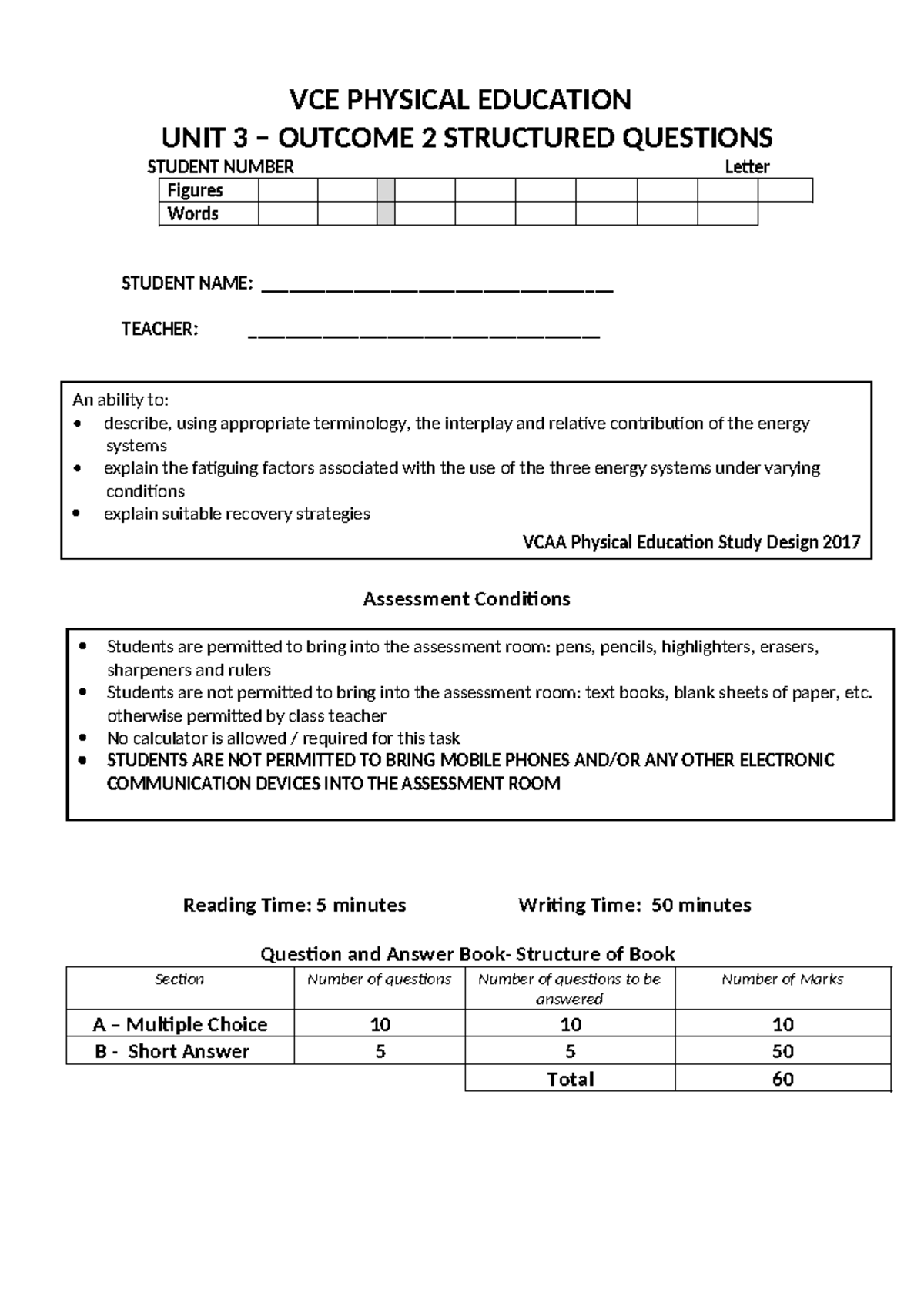 VCE PE Unit 3 Outcome 2 Structured Questions Assessment Guide - Studocu