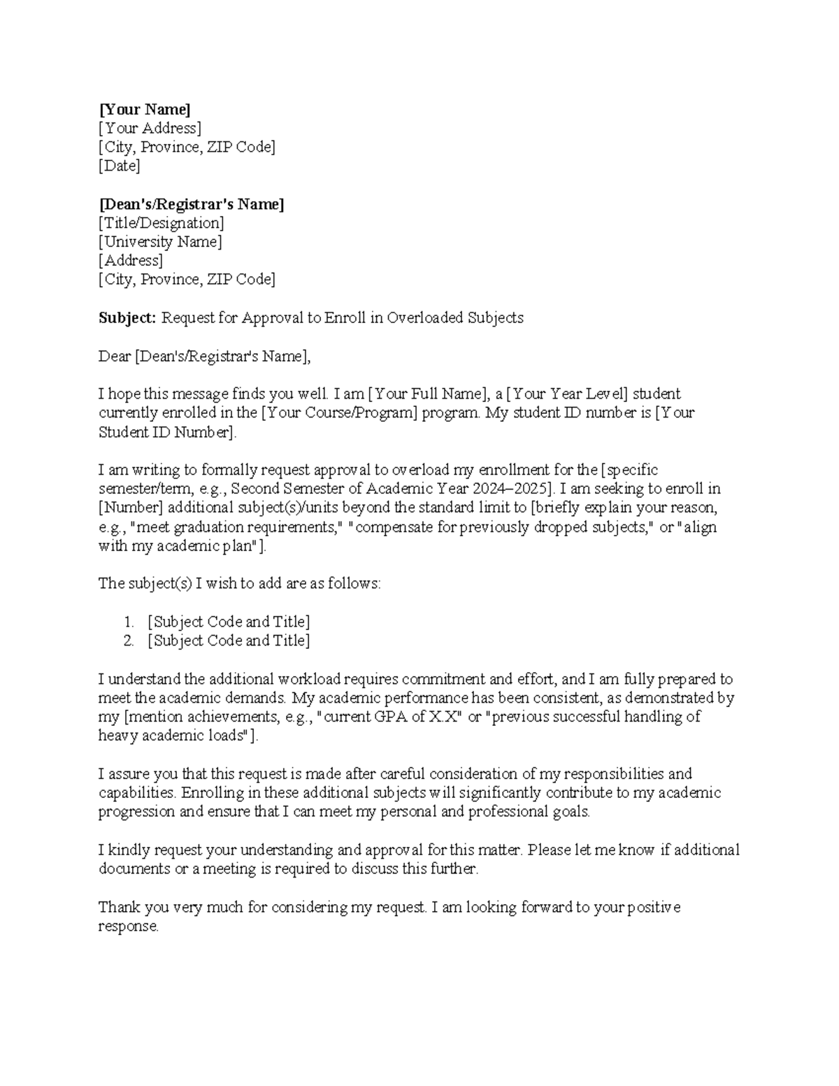 Overload Enrollment Request - Academic Year 2023-2024 - Studocu