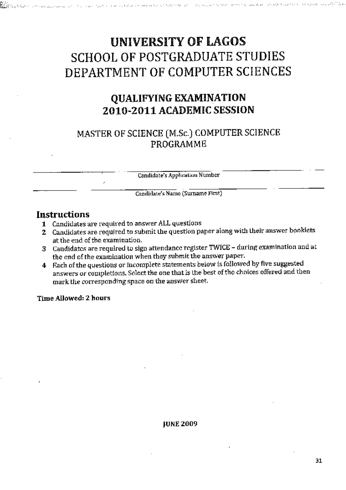 Unilag-MSc Computer Science Qualifying Exam June 2009 - Studocu