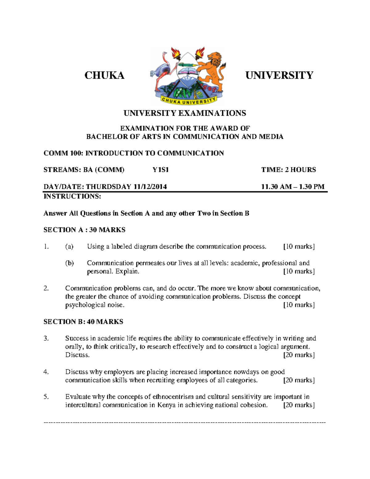 COMM 100: Introduction to Communication Exam Paper Guide - Studocu