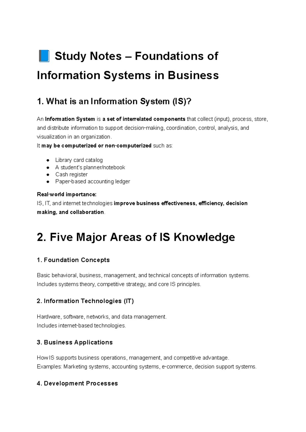 Ch1 Study Notes: Foundations of Information Systems in Business - Studocu