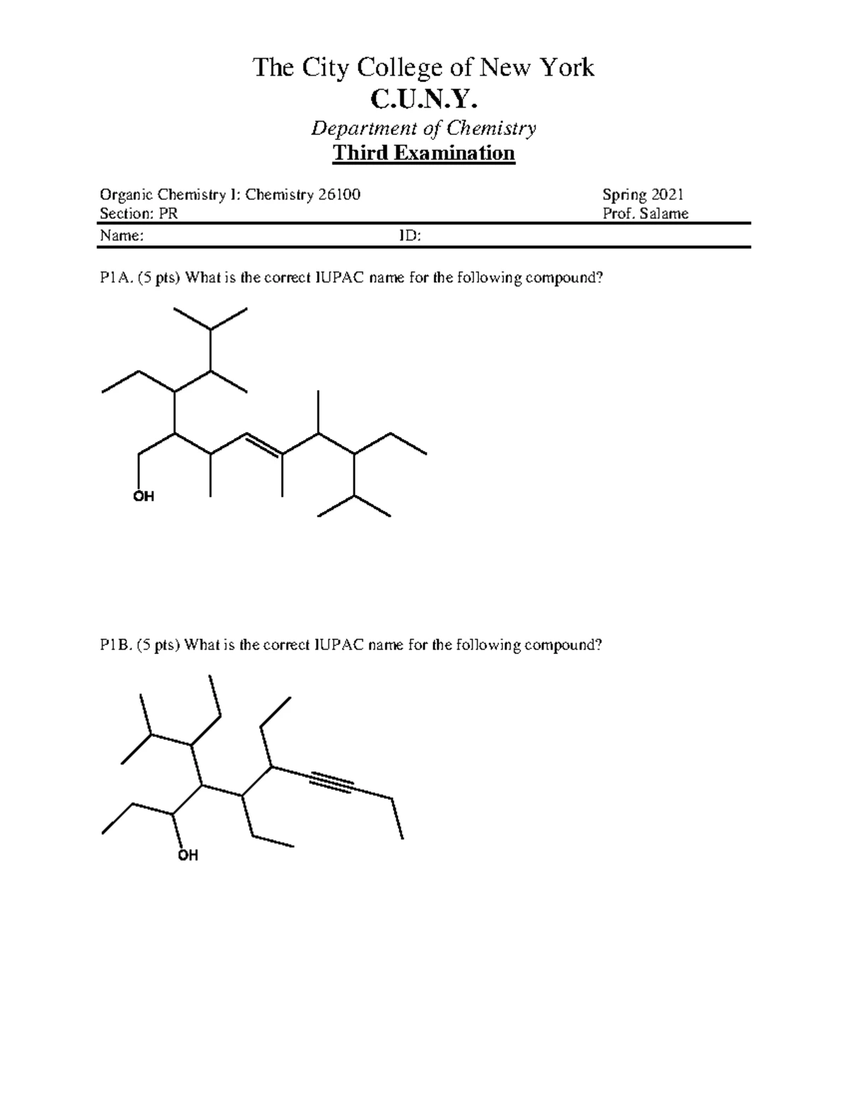 Chem 261: Organic Chemistry Chapter 4 Part 2 Worksheet Analysis - Studocu
