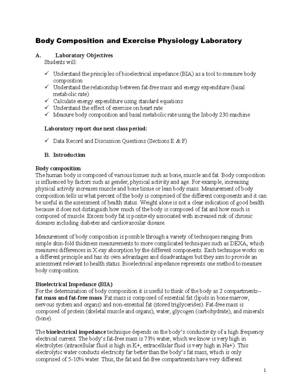 HUN Lab Report 10: Body Composition & Exercise Physiology Overview ...