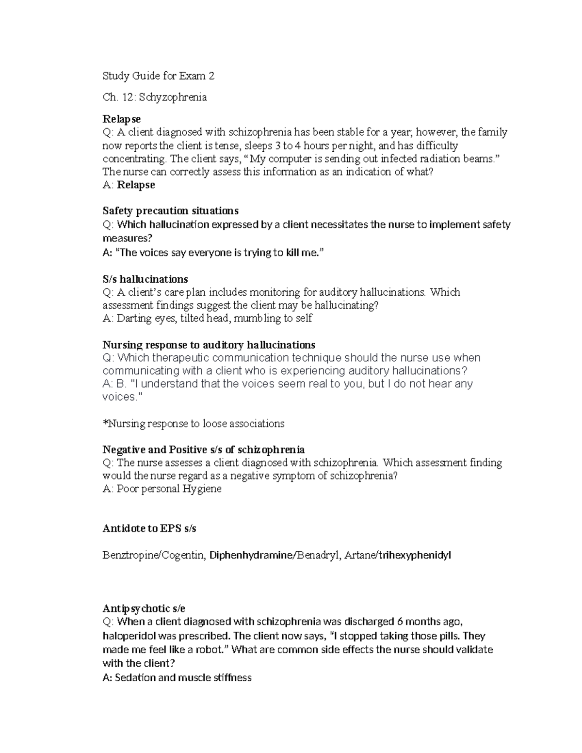 Exam 2 Study Guide: Key Concepts in Schizophrenia & Bipolar Disorder ...