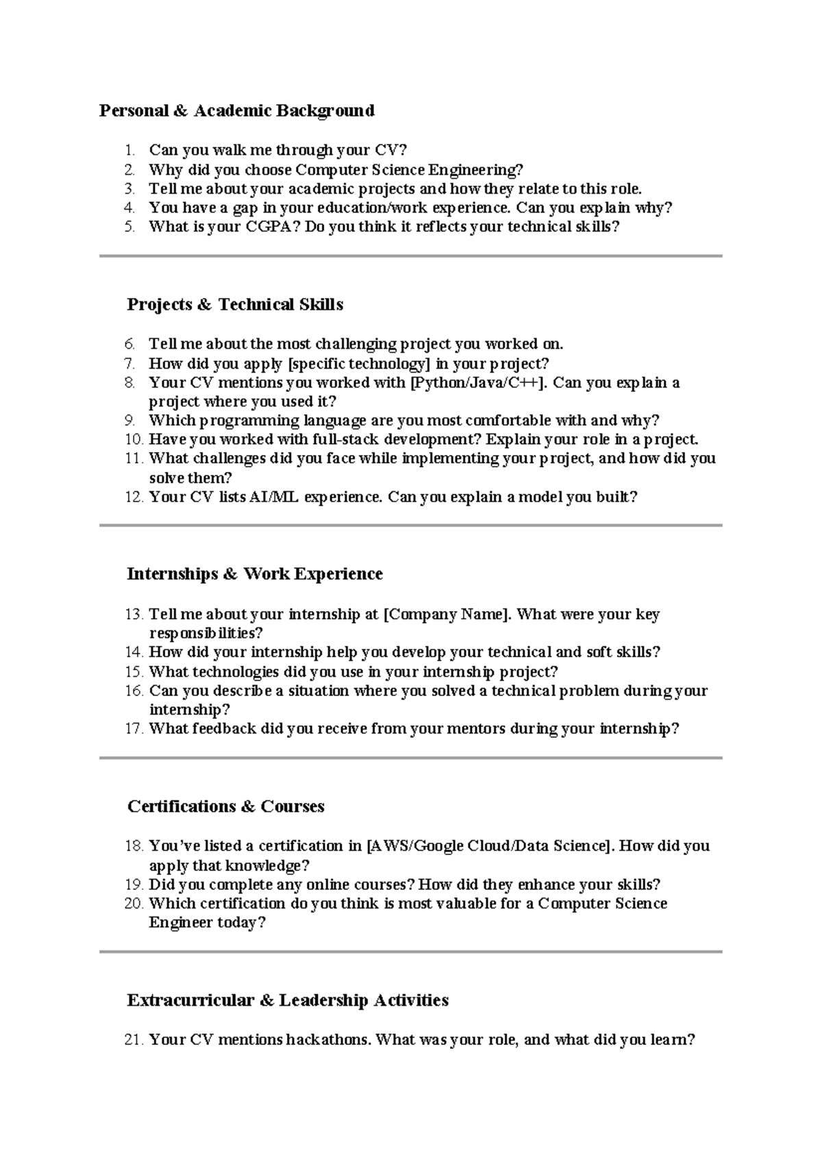 CV Based Interview Questions - Personal & Academic Background 1. Can ...