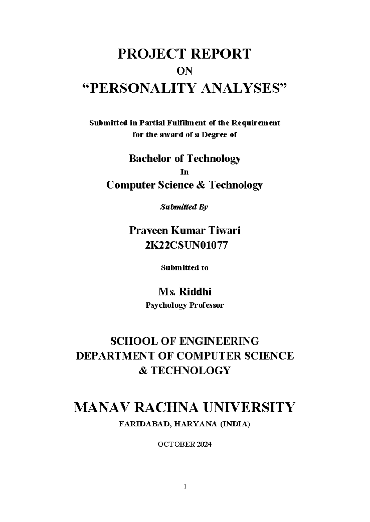 Psychology Project: Personality Analysis Report - 2K22CSUN - Studocu