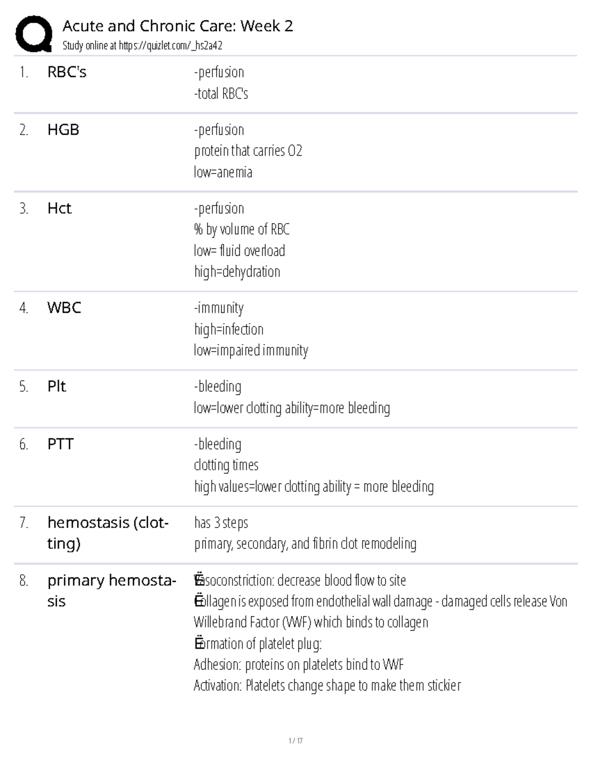Acute and Chronic Care: Week 2 Study Guide on Hemostasis and ...