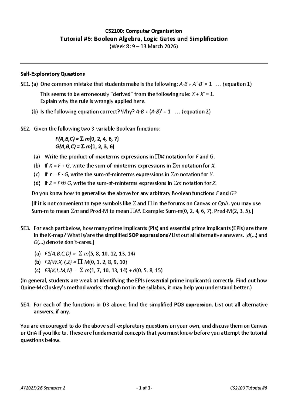 CS2100: Tutorial 6 Questions on Boolean Algebra and Logic Gates - Studocu